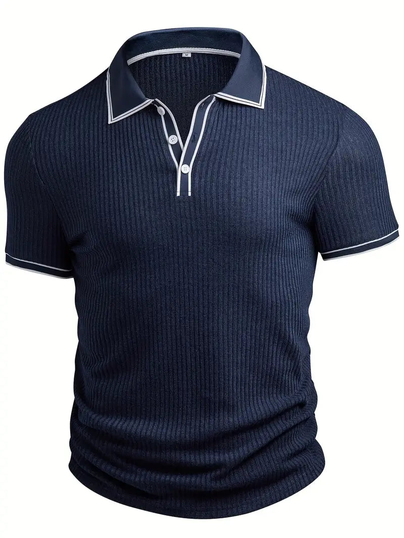 Polo côtelé pour homme à col contrasté blanc et fermeture à trois boutons