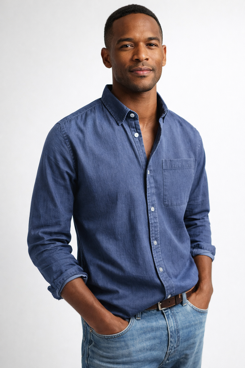 Chemise boutonnée pour homme à col classique, manches longues et poche poitrine