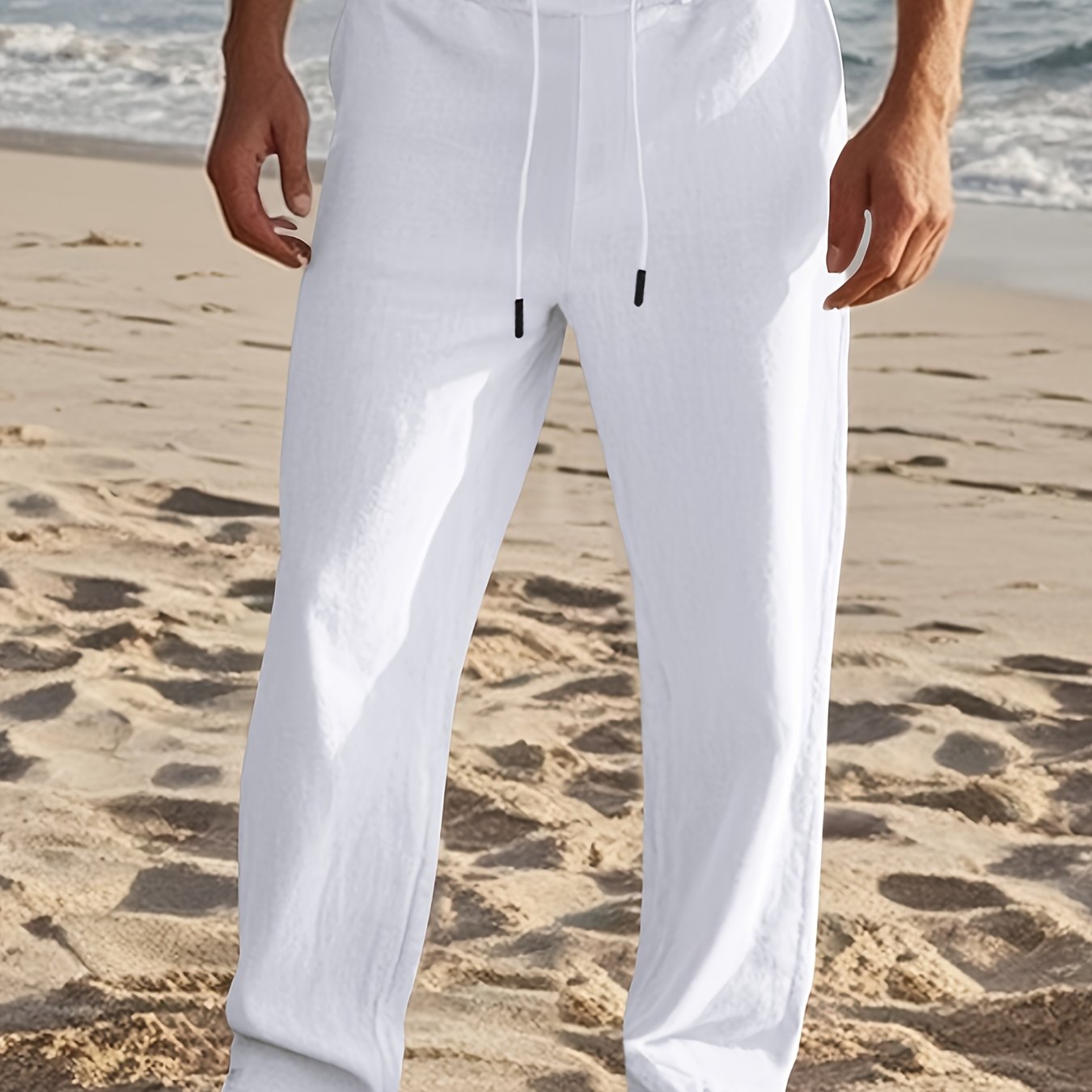 Pantalon en lin pour homme à coupe ample et taille ajustable par cordon