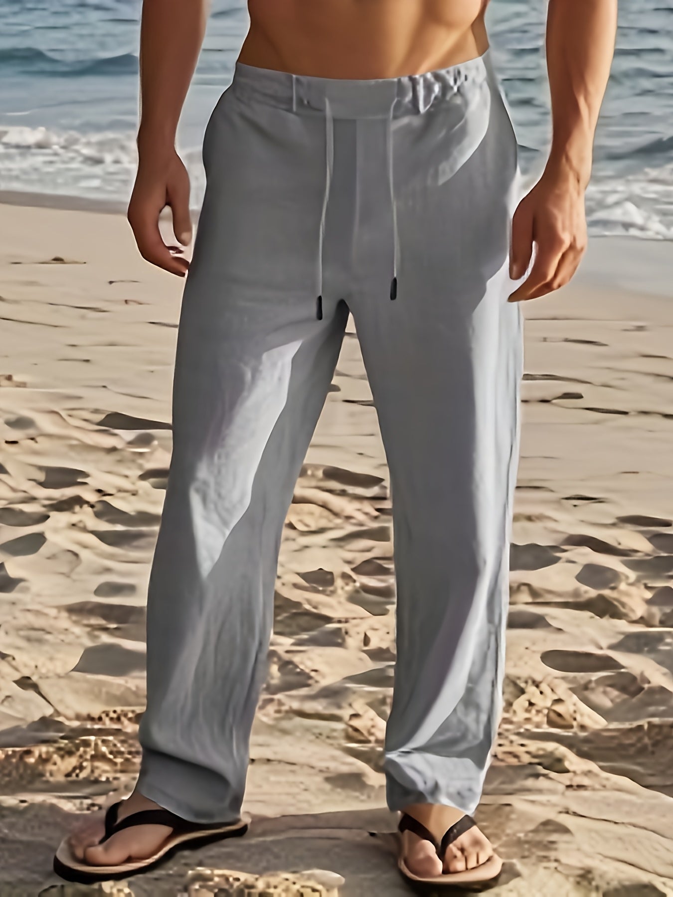 Pantalon en lin pour homme à coupe ample et taille ajustable par cordon