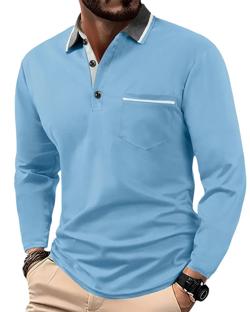 Polo à manches longues en coton mélangé pour homme, col structuré et coutures contrastées