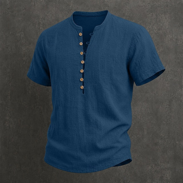 Chemise en lin pour homme à col mao, manches courtes et boutons en bois