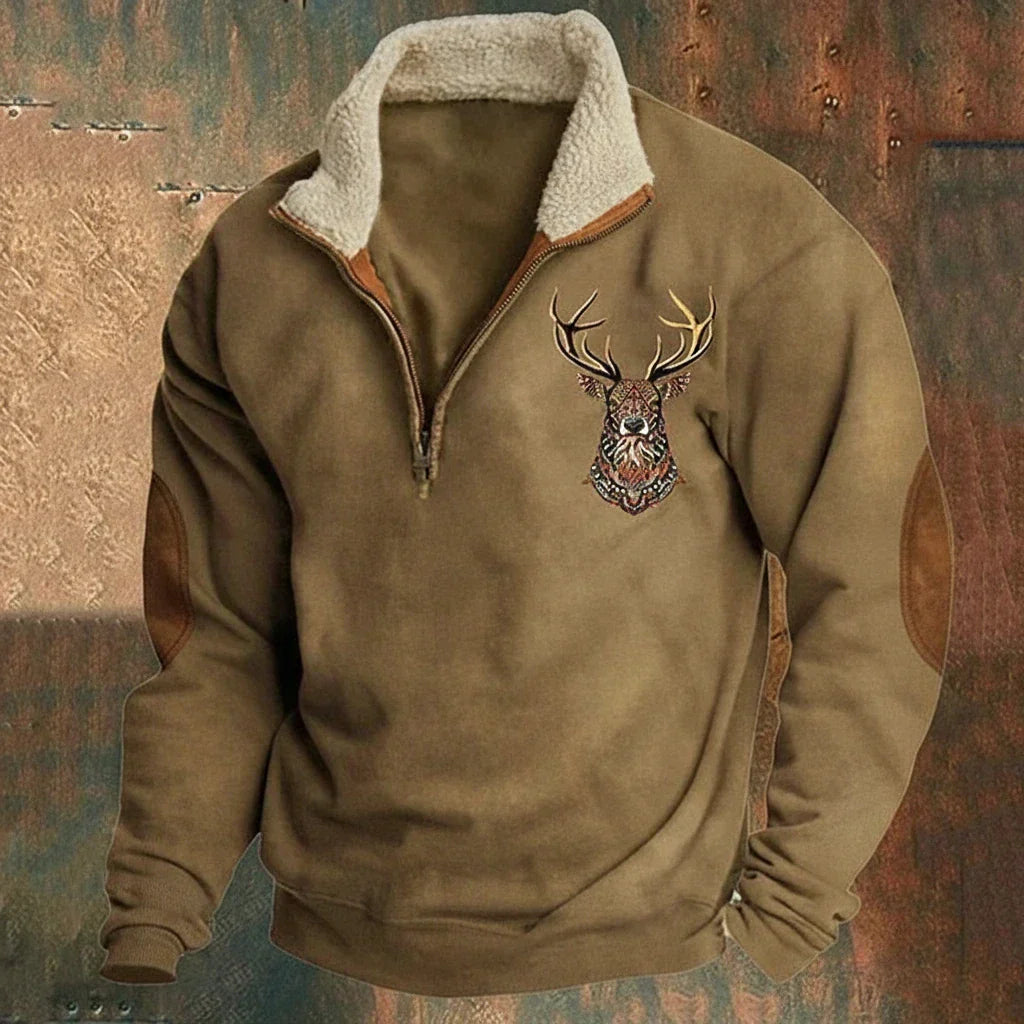 Pull half-zip pour homme doublé polaire avec motif cerf et col zippé