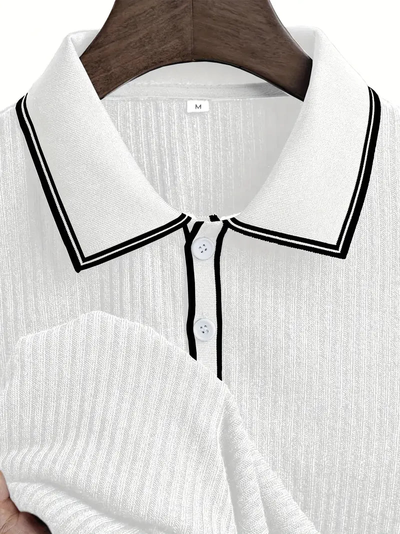 Polo côtelé pour homme à col contrasté blanc et fermeture à trois boutons