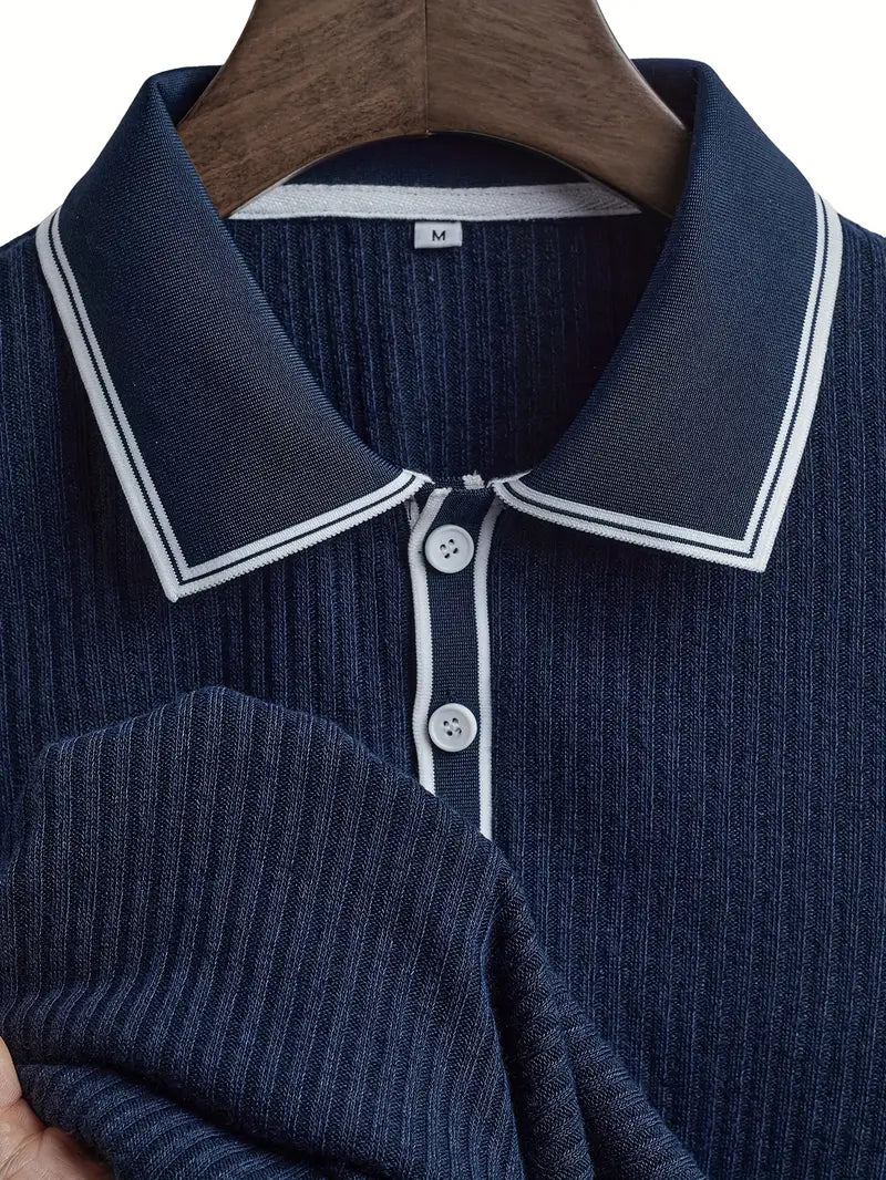 Polo côtelé pour homme à col contrasté blanc et fermeture à trois boutons