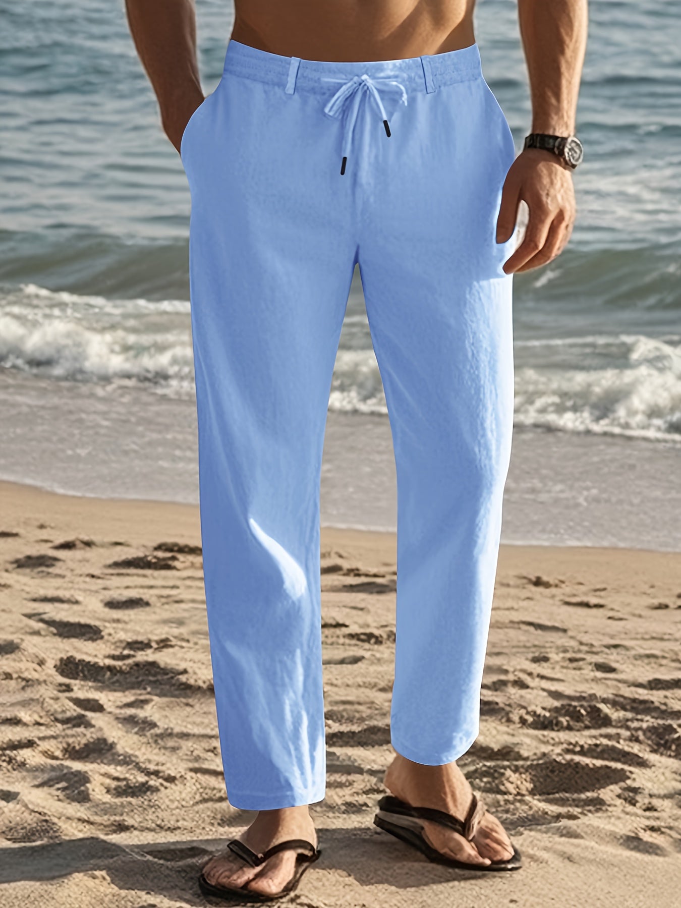 Pantalon en lin pour homme à coupe ample et taille ajustable par cordon