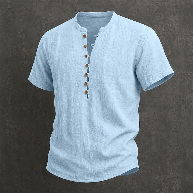 Chemise en lin pour homme à col mao, manches courtes et boutons en bois
