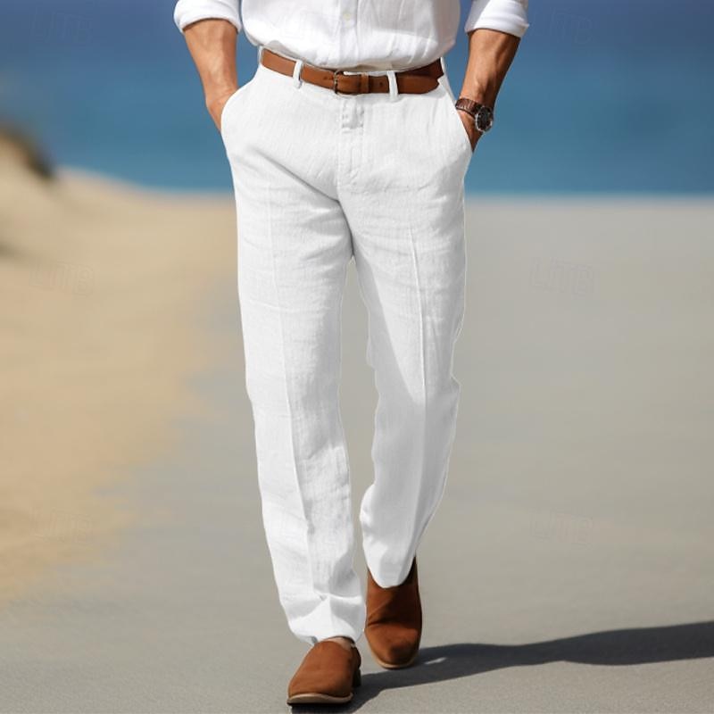 Pantalon en lin pour homme avec passants de ceinture, coupe élégante et décontractée