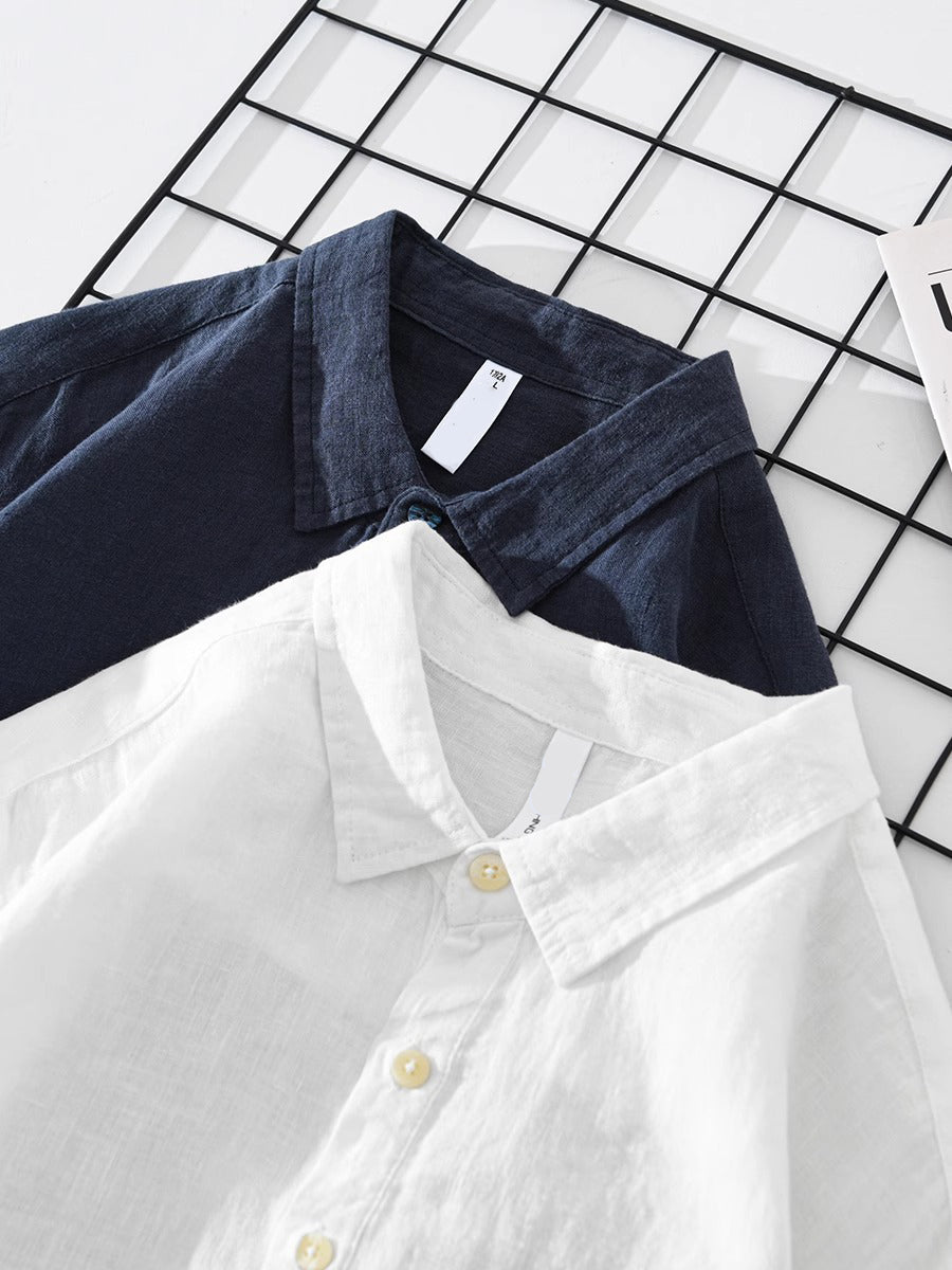 Chemise popover en coton-lin pour homme à finition lavée, col ouvert et ourlet incurvé