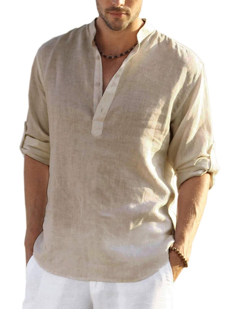 Chemise en coton et chanvre pour homme avec col montant boutonné et manches longues