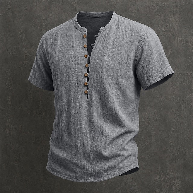 Chemise en lin pour homme à col mao, manches courtes et boutons en bois