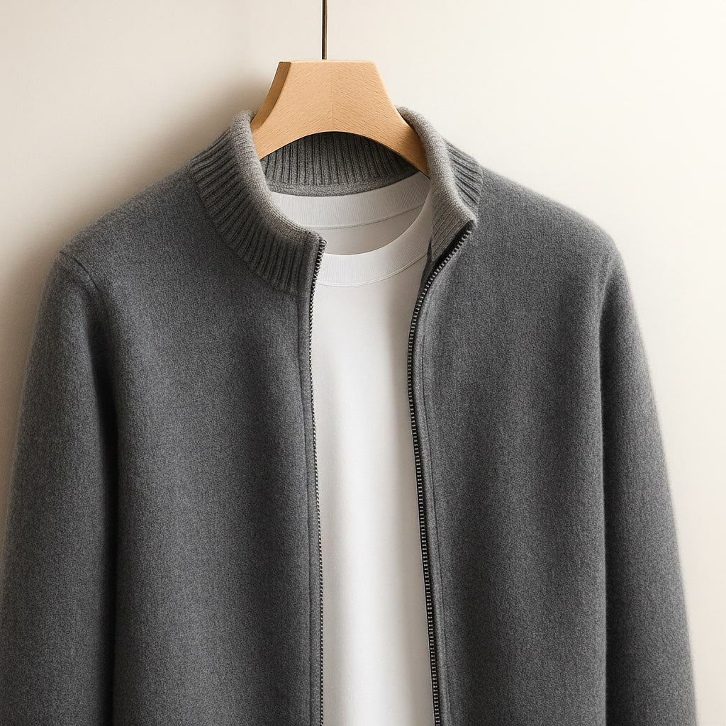 Pull zippé en maille pour homme à coupe droite, disponible en camel, gris et bleu