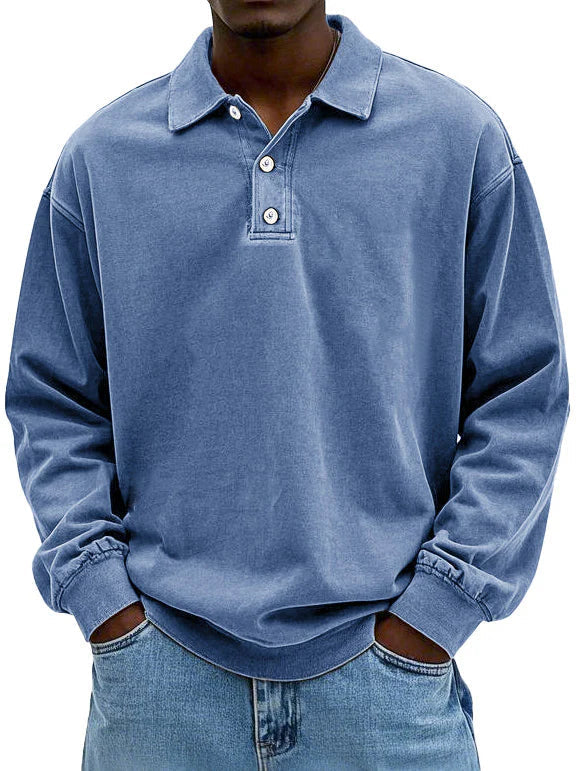 Polo décontracté pour homme en tissu lavé avec col soigné, coupe naturelle