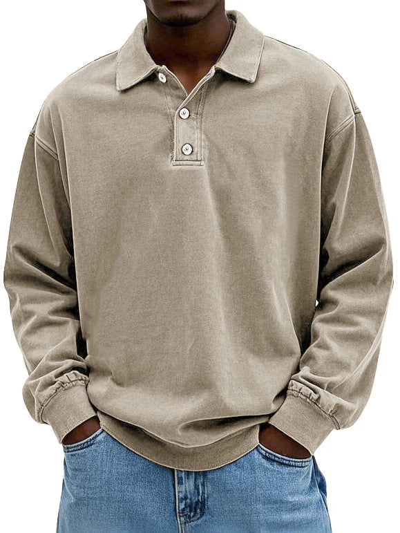 Polo décontracté pour homme en tissu lavé avec col soigné, coupe naturelle