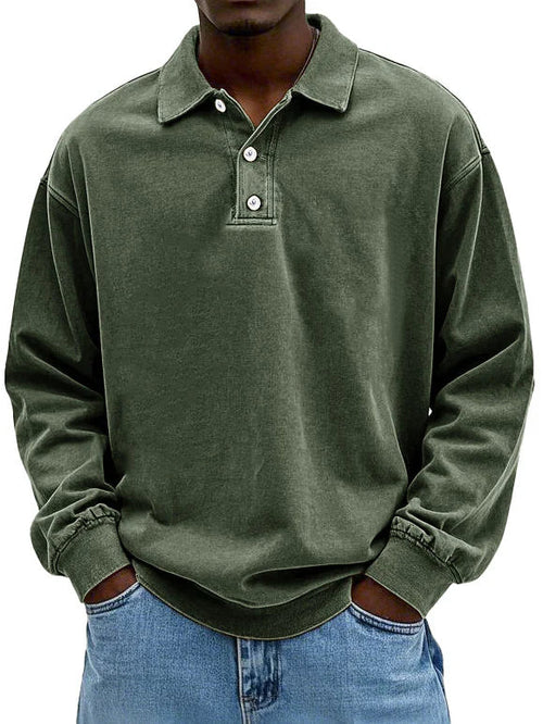 Polo décontracté pour homme en tissu lavé avec col soigné, coupe naturelle