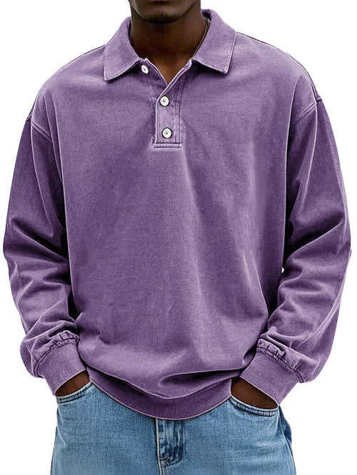Polo décontracté pour homme en tissu lavé avec col soigné, coupe naturelle