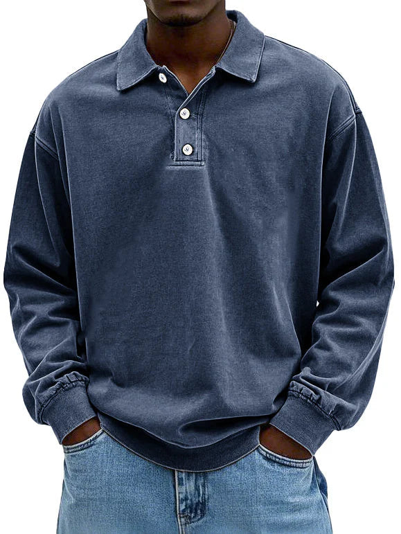 Polo décontracté pour homme en tissu lavé avec col soigné, coupe naturelle