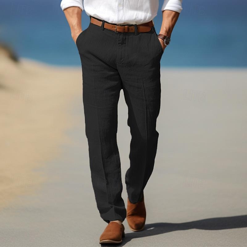 Pantalon en lin pour homme avec passants de ceinture, coupe élégante et décontractée