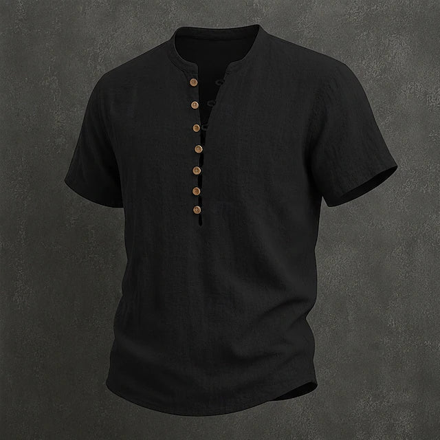 Chemise en lin pour homme à col mao, manches courtes et boutons en bois