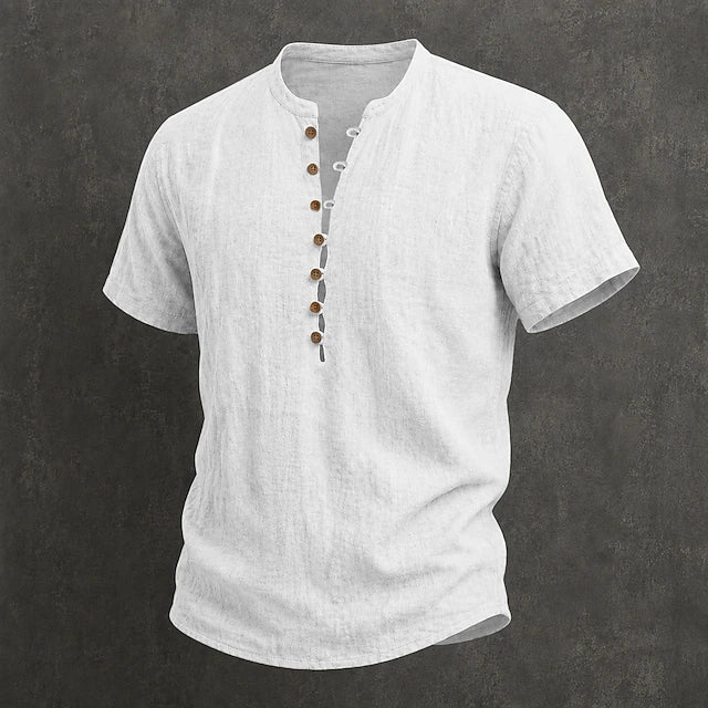Chemise en lin pour homme à col mao, manches courtes et boutons en bois