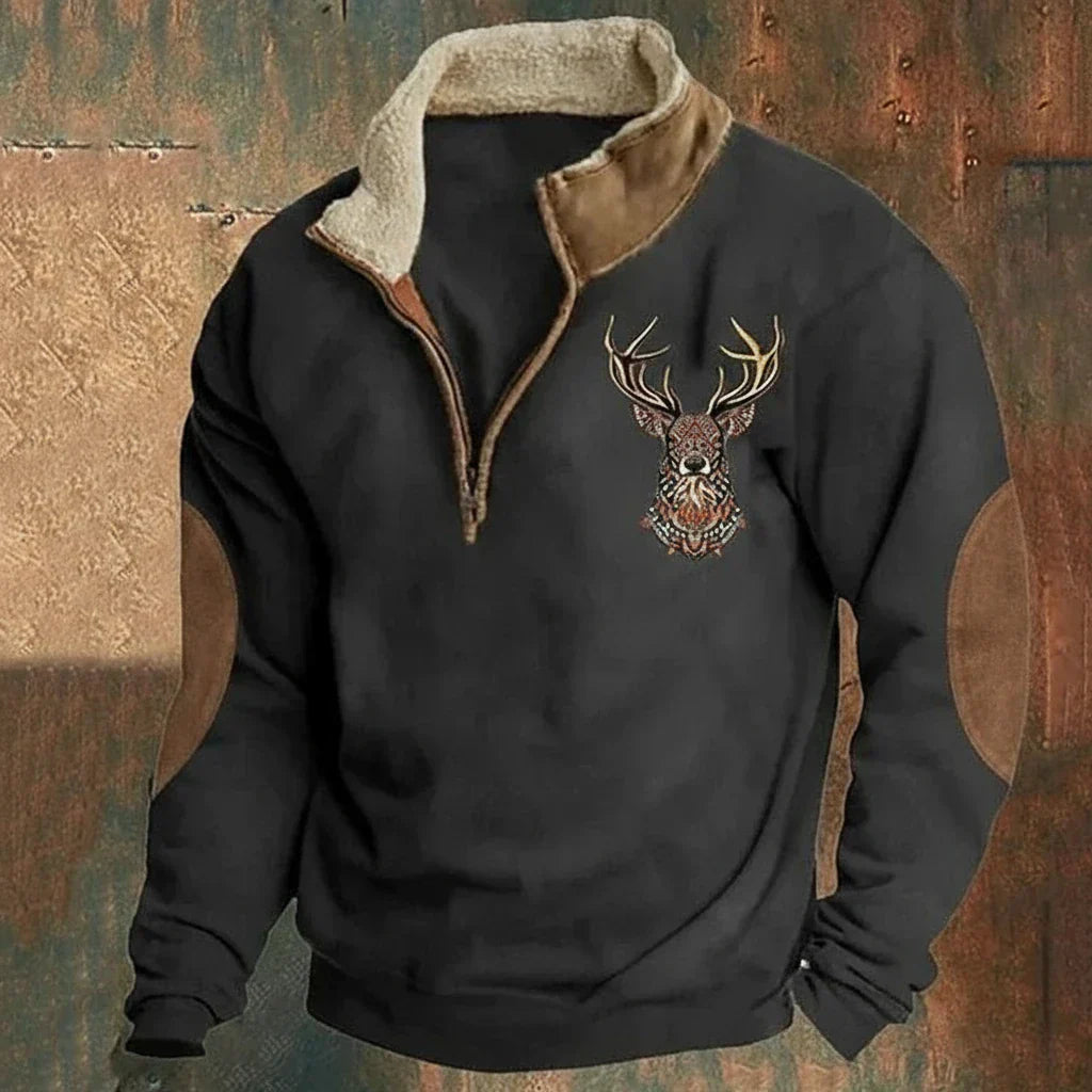 Pull half-zip pour homme doublé polaire avec motif cerf et col zippé