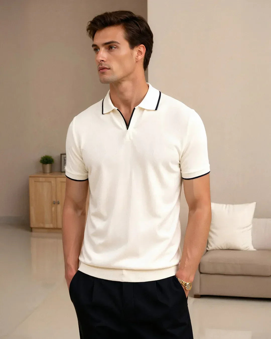 Polo en piqué de coton pour homme avec col côtelé et détails de piping contrastant