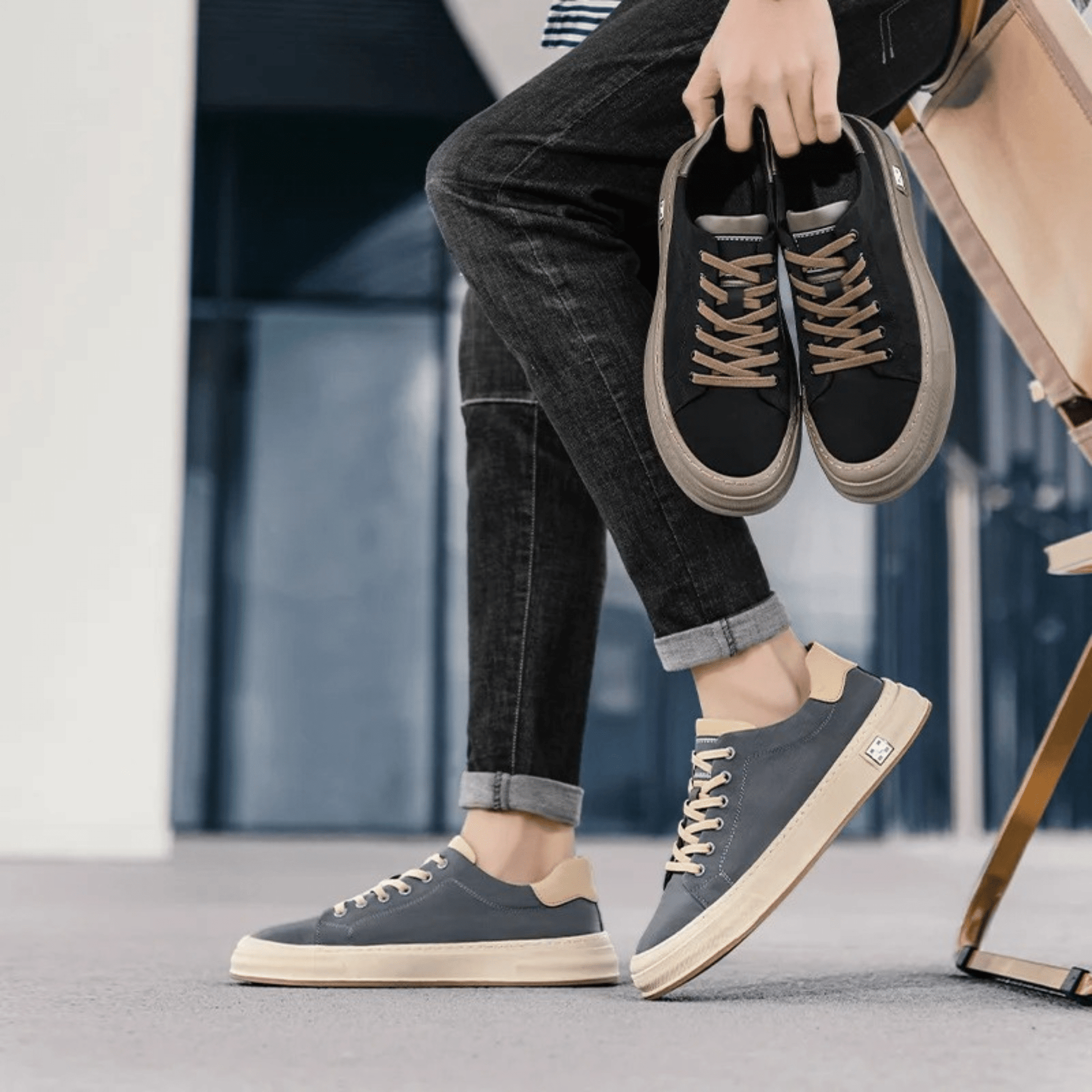 Baskets en toile à profil bas pour homme, coloris brume océanique et noir obsidienne