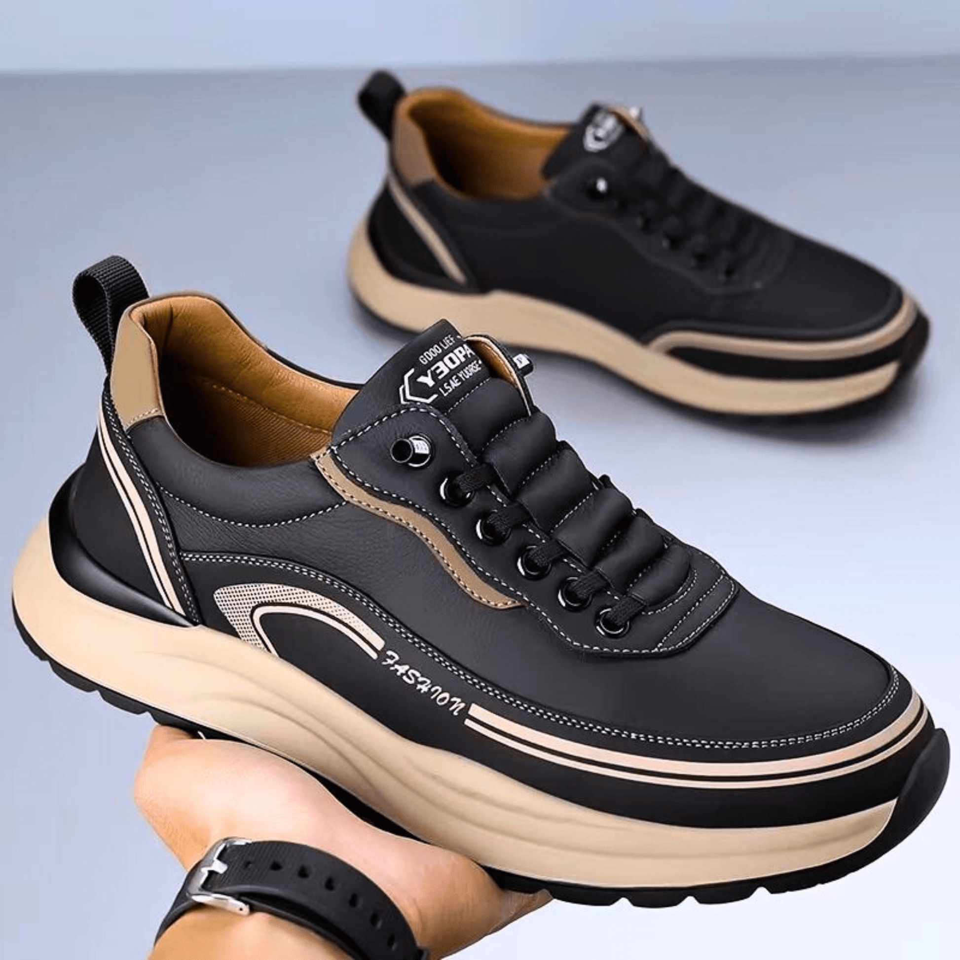 Baskets de ville amorties pour homme à semelle épaisse, disponibles en noir, blanc et beige