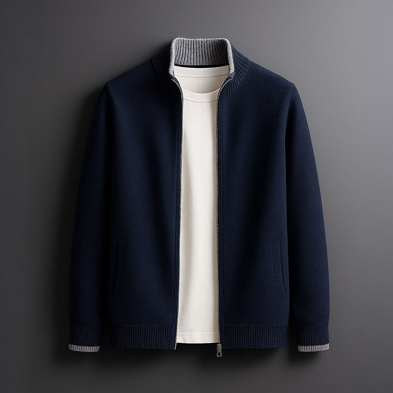 Pull zippé en maille pour homme à coupe droite, disponible en camel, gris et bleu