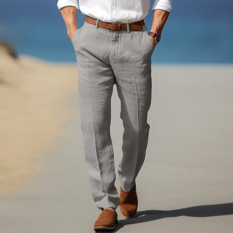 Pantalon en lin pour homme avec passants de ceinture, coupe élégante et décontractée