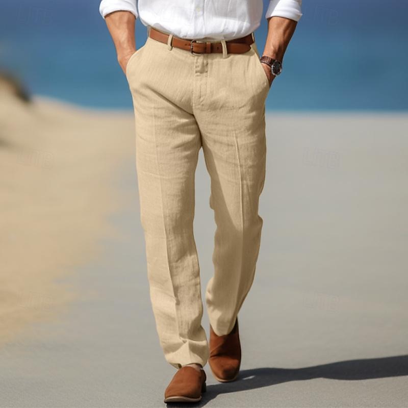 Pantalon en lin pour homme avec passants de ceinture, coupe élégante et décontractée